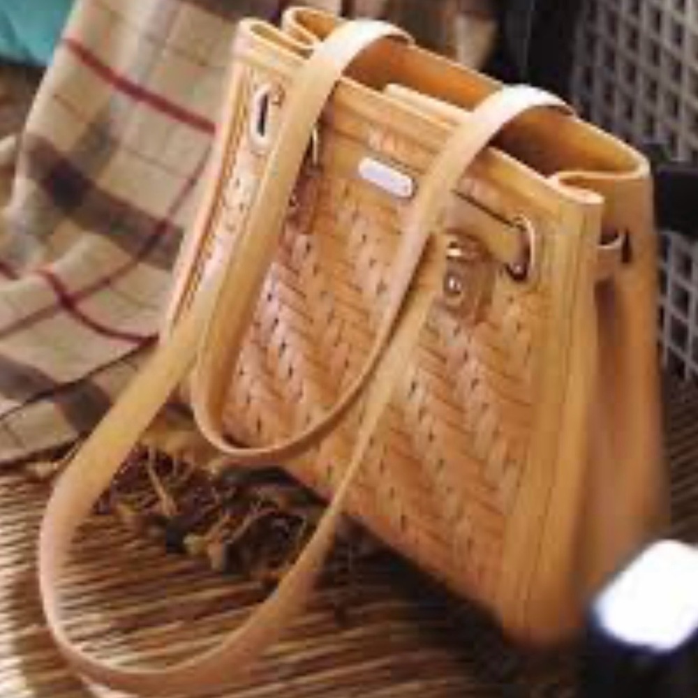 Longaberger Basket Woven Leather Shoulder Bag Stairstep Weave Caramel View 3